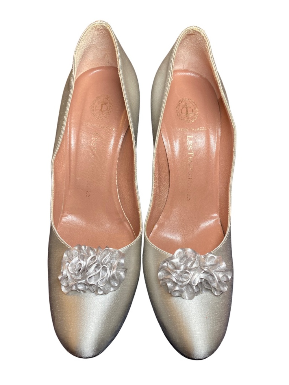 Vintage Les Tropeziennes Massimo Palazzo Pearl Gray Satin Heels 37 US 7 NWOT